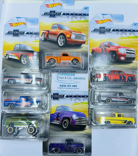 HOT WHEELS 2018 100 YEARS OF CHEVY TRUCKS set of 8 CHEVY SILVERADO PICKUP TRUCKS