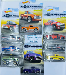 HOT WHEELS 2018 100 YEARS OF CHEVY TRUCKS set of 8 CHEVY SILVERADO PICKUP TRUCKS