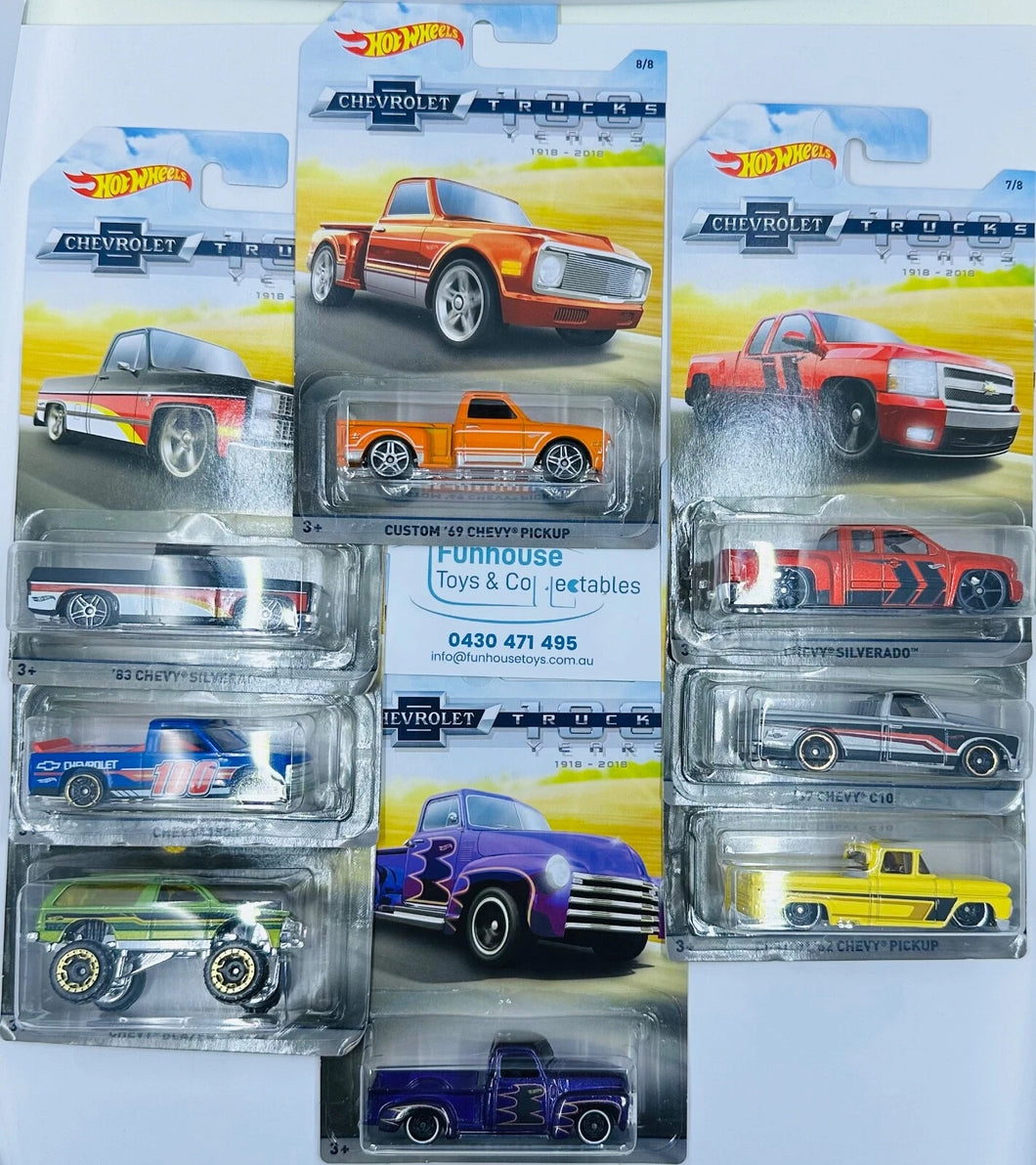 HOT WHEELS 2018 100 YEARS OF CHEVY TRUCKS set of 8 CHEVY SILVERADO PICKUP TRUCKS