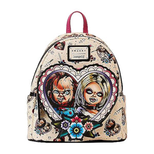 Child's Play - Chucky & Tiffany Heart 10" Faux Leather Mini Backpack LOUNGEFLY