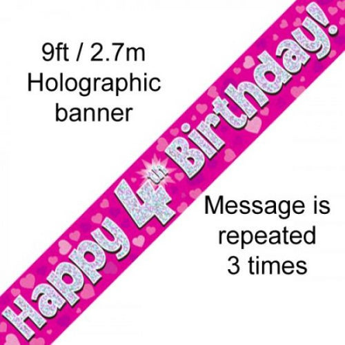 2.7m Banner Happy 4th Birthday Pink Holographic