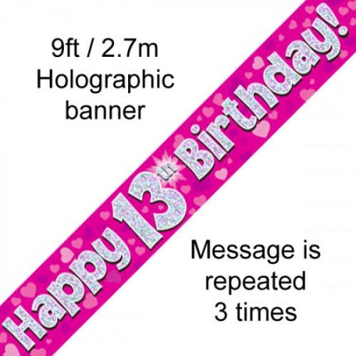 2.7m Banner Happy 13th Birthday Pink Holographic
