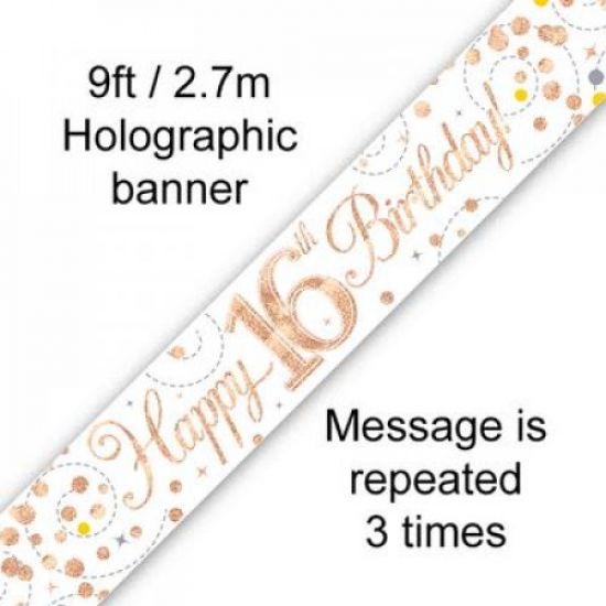 16th Birthday Rose Gold Holographic Banner