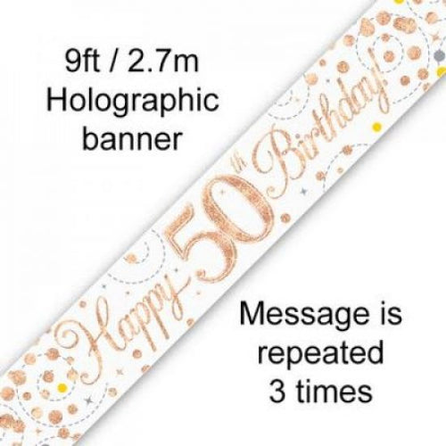 50th Birthday Rose Gold Holographic Banner