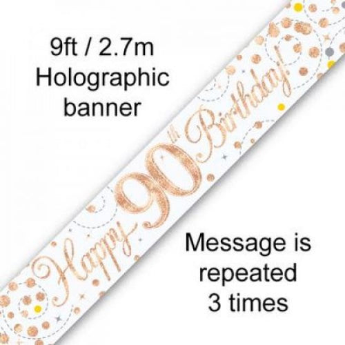 90th Birthday Rose Gold Holographic Banner