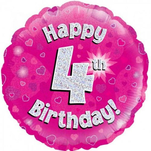 Happy 4th Birthday Pink Holographic Balloon