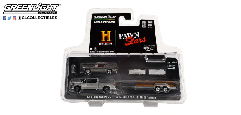 GreenLight 1:64 Hollywood Hitch & Tow Series 10 - Pawn Stars - 2015 Ford F-150 with Unrestored 1968 Ford Mustang GT Fastback on Flatbed Trailer