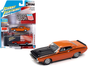 1970 Plymouth AAR Barracuda Vitamin C Orange with Black Stripes and Hood and Collector Tin 1/64 Diecast Model Car by Johnny Lightning